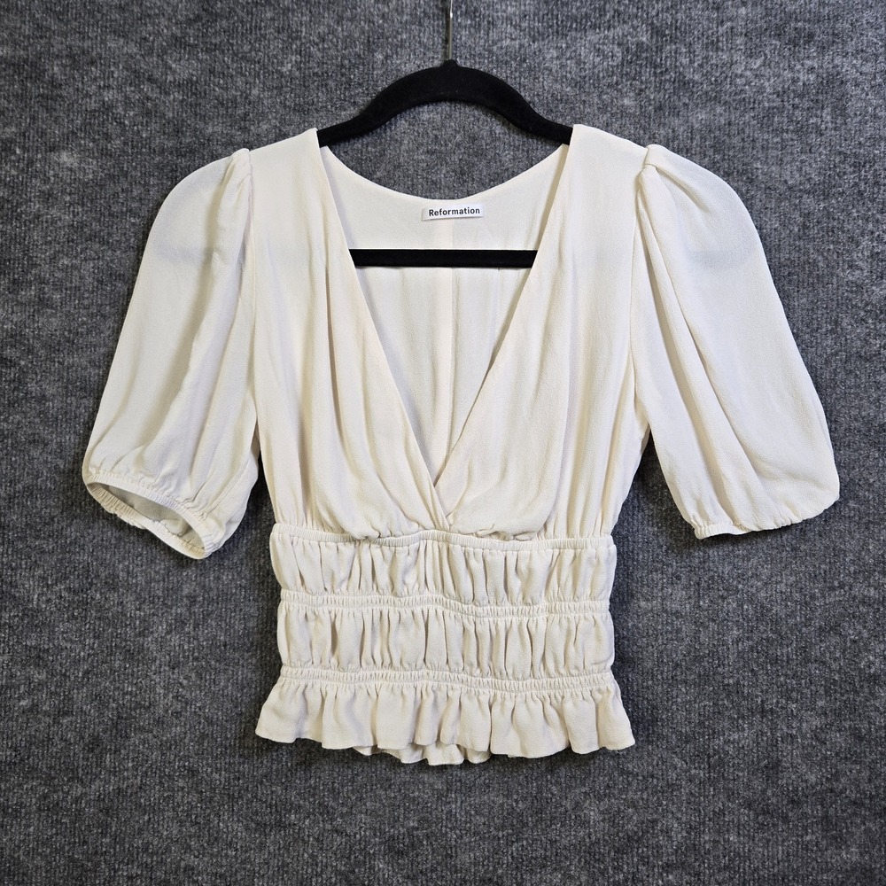 Reformation Top Womens S Creme Josie Crepe Puff Sleeve Crop Smocked Waist